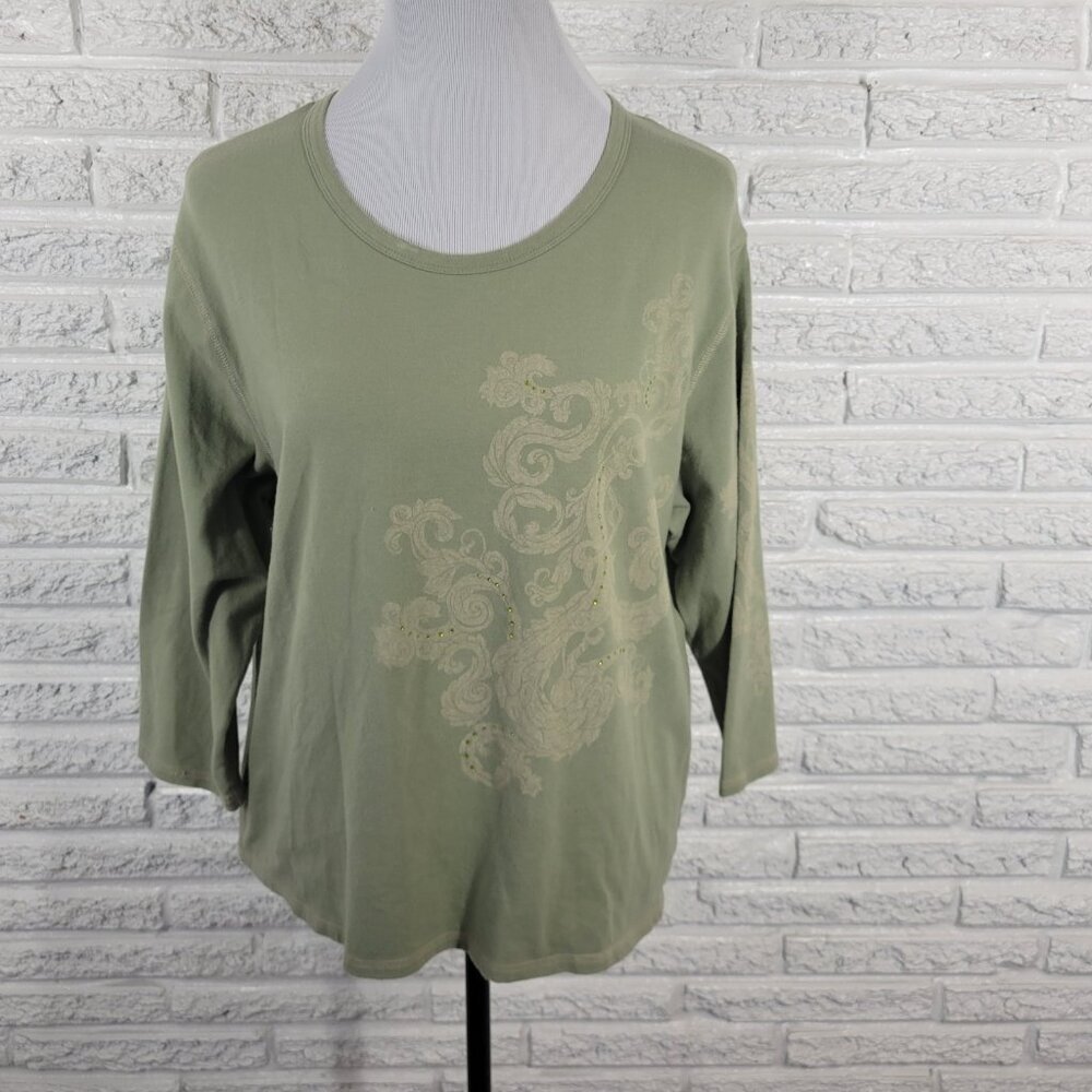 Bay Studio Khakis Womens Top 1X Plus Green Blouse 3/4 Sleeve Rhinestone GRE10E
